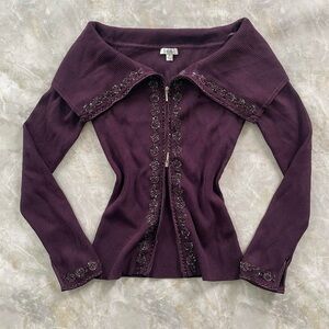 Viral Cache Off-Shoulder Beaded Double Zipper Jacket